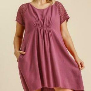 Umgee Plus Berry Crochet Detail Short Sleeve Dress With Frayed Hem XL